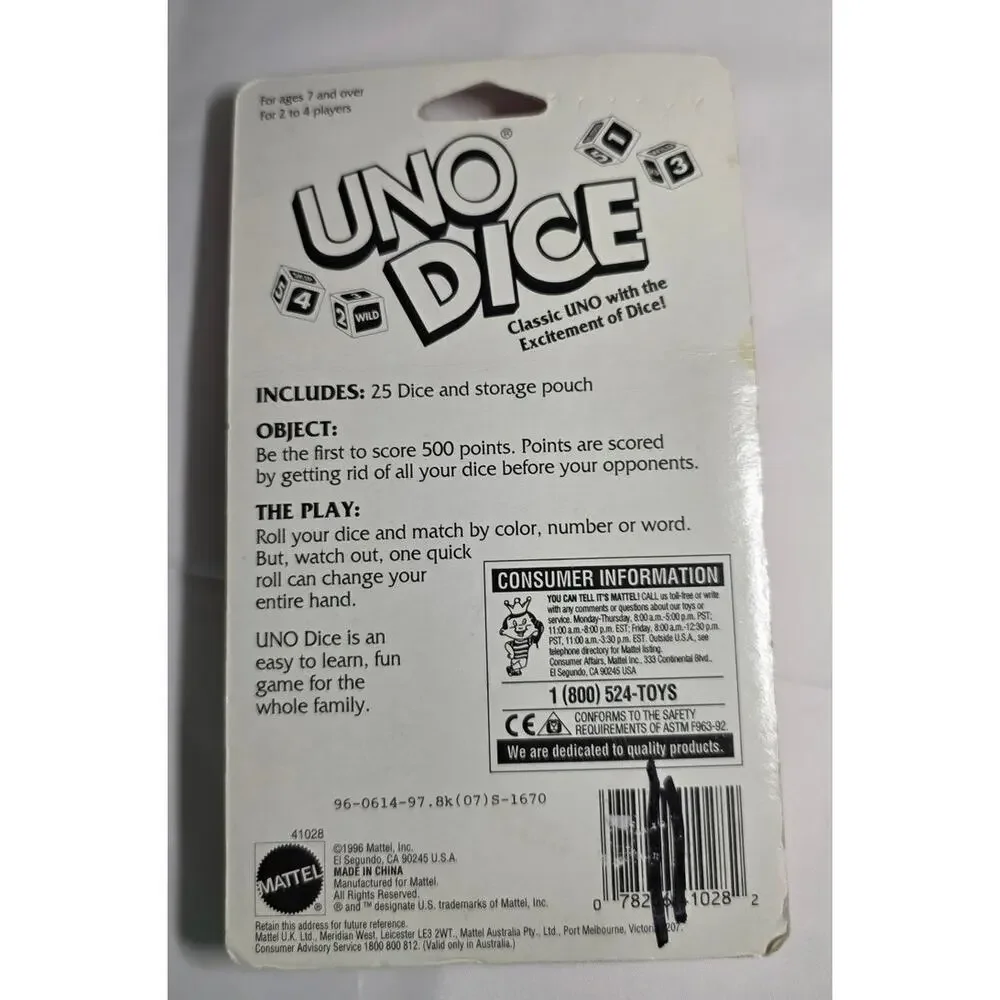 NEW Vintage 1996 Matel UNO Dice Game Storage Pouch Family Fun Kids Multi Player